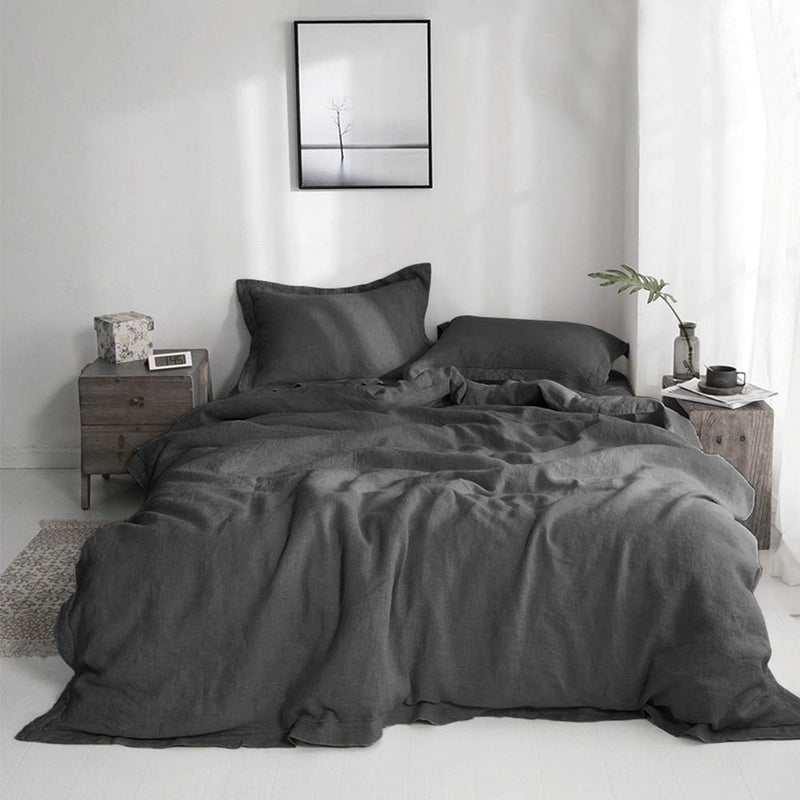 Simple&Opulence 100% Linen Duvet Cover Set with Embroidery Border Washed - 3 Pieces (1 Duvet Cover with 2 Pillow Shams) with Button Closure Soft Breathable Farmhouse - Dark Grey, Queen Size - Image 1